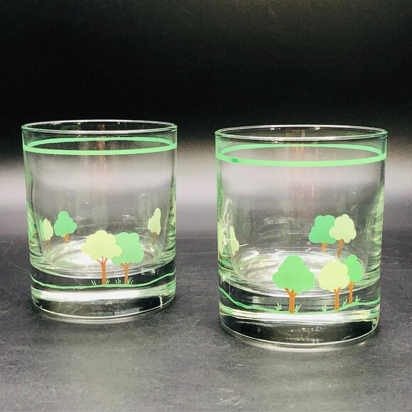 Vintage Green Tree Whiskey Lowball Glass Tumbler- Set of 2 :Novelty Barware - Picture 3 of 10